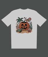 Tropical Halloween Pumpkin Cocktail Sea Turtle, Palm Tree, and Seashell Beach Scene Illustration vector