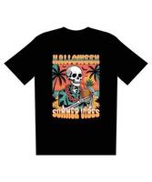 Retro Halloween Skeleton T-Shirt Design Summer Vibes, Tropical Beach Sunset, Vintage Style Illustration. vector