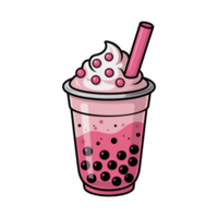 A pink bubble tea drink is topped with whipped cream and pink pearls, with a large straw inserted for sippin png