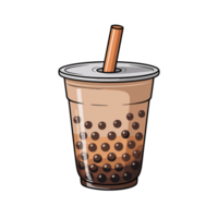 A cup filled with bubble tea features a sealed lid and a wide straw for easy sipping png