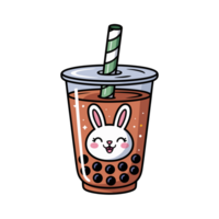 A cute cartoon cup of bubble tea features a smiling rabbit design on the front and is topped with a green striped straw png