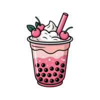 A delightful pink bubble tea features creamy whipped topping, adorned with cherries and a straw png