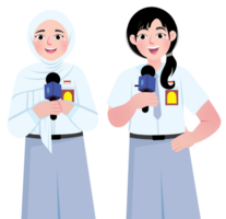 Two Schoolgirls Hosting a School Event on Stage with Microphones png