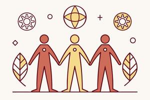 Three Figures Holding Hands with Symbolic Elements Illustration vector