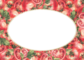 Tomatoes vegetables watercolor rectangular frame with oval gold framed text space. Whole and sliced red fruit with leaves. Realistic hand painted isolated template illustration for food label, card png
