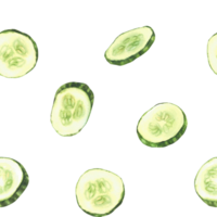 Watercolor cucumber slices seamless pattern. Fresh sliced vegetable, cut cucumber circles with seeds. Realistic painted food illustration for fabric, wallpaper, packing label. Isolated from background png