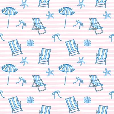 Beach coastal seamless pattern of beach chairs and umbrellas in blue on striped backdrop perfect for summer fabric, wallpaper and digital ocean design