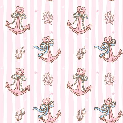 Cute coquette girly anchor with bow fisherman seamless pattern on playful white striped background for digital paper, fabric design, and nautical summer sublimation prints