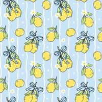 Coquette girly lemons seamless pattern with blue ribbon bow in hand drawn on stripe background for summer kitchen decor or digital fabric paper vector
