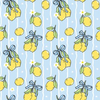 Coquette girly lemons seamless pattern with blue ribbon bow in hand drawn on stripe background for summer kitchen decor or digital fabric paper