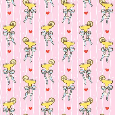 Coquette girly lemon cocktails seamless pattern with blue ribbon bow in hand drawn whimsical on stripe background for fabric, digital paper and summer decor