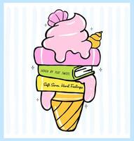 Pastel Coquette Girly Summer Bookish, books in melted ice cream cone, Hand Drawn Doodle. vector