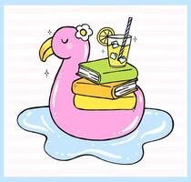 Pastel Coquette Girly Summer beach Book, stacked book on Flamingo floating with drink, Hand Drawn Doodle with Bold Lines. vector