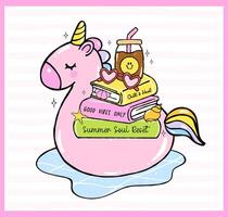 Pastel Coquette Girly Summer beach Book, stacked book on unicorn pool ring with coffee and sunglasses, Hand Drawn Doodle with Bold Lines. vector