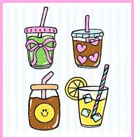 Pastel Coquette Girly Summer Drinks Set , Matcha, Iced Coffee, Lemonade in Hand Drawn Doodle with Bold Lines vector