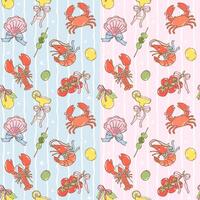 Cute coquette fisherman aesthetic seamless pattern with lobster, crab, olives and drink on white stripes in italian amalfi summer style for fabric or digital paper vector