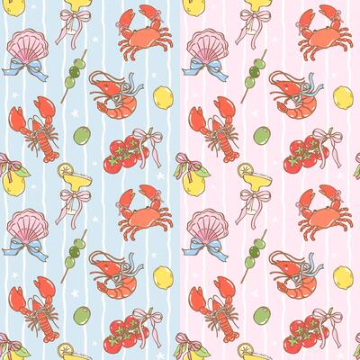 Cute coquette fisherman aesthetic seamless pattern with lobster, crab, olives and drink on white stripes in italian amalfi summer style for fabric or digital paper