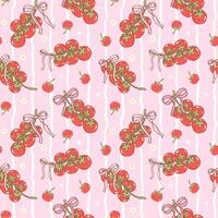 Coquette girly tomato bunch seamless pattern with ribbon bow in hand drawn for summer kitchen fabric, digital paper and foodie aesthetic decor vector