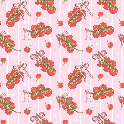 Coquette girly tomato bunch seamless pattern with ribbon bow in hand drawn for summer kitchen fabric, digital paper and foodie aesthetic decor