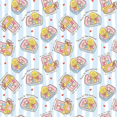 Cute retro couple sardines in tin can seamless pattern with vibrant pastel coquette fisherman aesthetic in love relationship quote on striped background