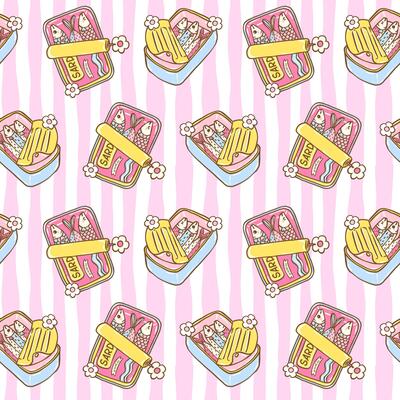 Retro coquette sardines in tin can seamless pattern with pastel girly summer fisherman aesthetic on striped background for fabric or digital paper