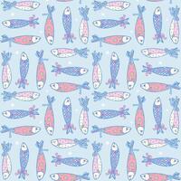 Cute girly sardine with bow seamless pattern on blue background in hand drawn coquette fisherman aesthetic for fabric, digital paper, and kitchen decor vector