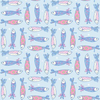 Cute girly sardine with bow seamless pattern on blue background in hand drawn coquette fisherman aesthetic for fabric, digital paper, and kitchen decor