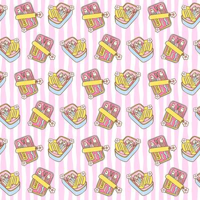 Cute coquette sardines in tin can seamless pattern with pastel girly summer fisherman aesthetic on striped background for fabric or digital paper
