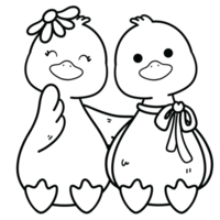Two cute ducks sitting side by side with bows and boots in black line art png
