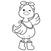 Cute duck with a bow headband and rain boots in black line art png