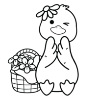 Smiling duck with a flower on its head next to a basket of flowers in black line art png