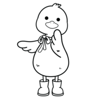Standing duck with a neck ribbon and boots in black line a png