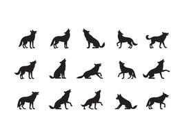 Collection of black wolf silhouettes displaying various poses and howling on a white background vector