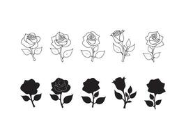 Collection of elegant hand drawn rose illustrations in outlined and silhouette styles for design vector
