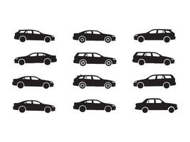 Set of black car silhouettes including sedan and wagon car designs on white background vector