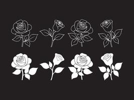 Collection of elegant white rose outlines on a black background for floral designs vector