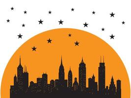Silhouette of a city skyline under an orange moon with falling stars at night vector