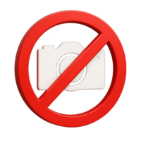3D No Camera Icon, Prohibited Photography Symbol with Red Warning Circle for Privacy, Restricted Area, Security Zone, and Copyright-Free Media Use Notification Design png