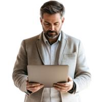 man in suit holding a tablet computer png