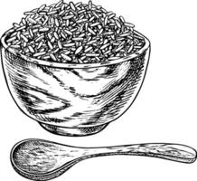 Boiled rice in a wooden bowl with a spoon. Black and white graphics, illustrations. Design element for menus, recipes, and cookbooks. For banners, flyers, packaging, labels, and more. vector