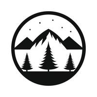 Mountain peaks and pine trees under starry sky emblem forest nature vector