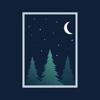 Night scene illustration with moon stars and stylized evergreen trees in a rectangular frame vector