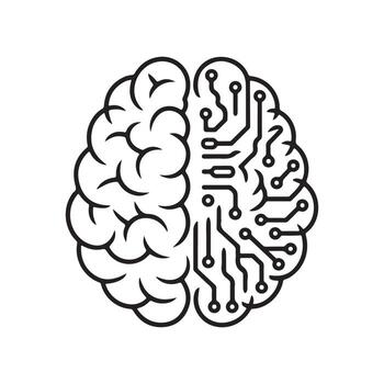 Black and white brain illustration with circuit board design representing technology and vector