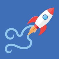 Cartoon rocket ship blasting off with red fins and blue swirling vapor trail space vector