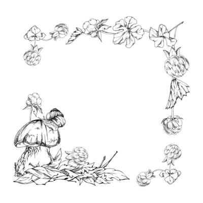 Bolete cep mushroom with snail on top of fallen autumn leaves pile, cloudberry berries twigs. Square corner frame hand drawn in ink. Fungus forest harvest. Calendar elements, cards labels tags