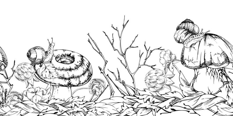 Bolete cep milk-cap mushroom with snail on top of fallen autumn leaves pile, cloudberry berries twigs. Fungus forest harvest. Seamless banner hand drawn in ink. Washi paper, wild food wrapping