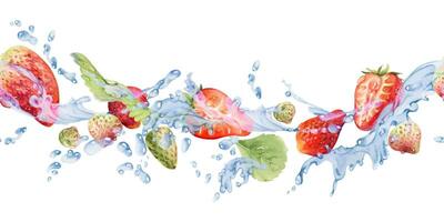 Watercolor strawberries and water splash vector