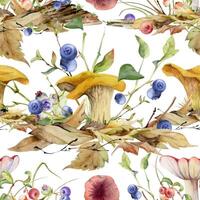 Watercolor mushrooms and berries pattern vector