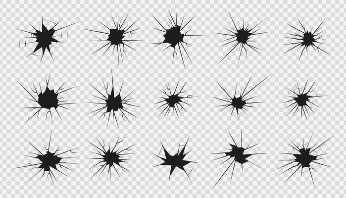 Crack shot glass icons set, silhouette linear cracks and breaks, broken glass