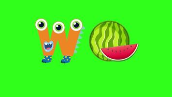 Bright animation with playful characters illustrating the letter W and a watermelon on a green background video